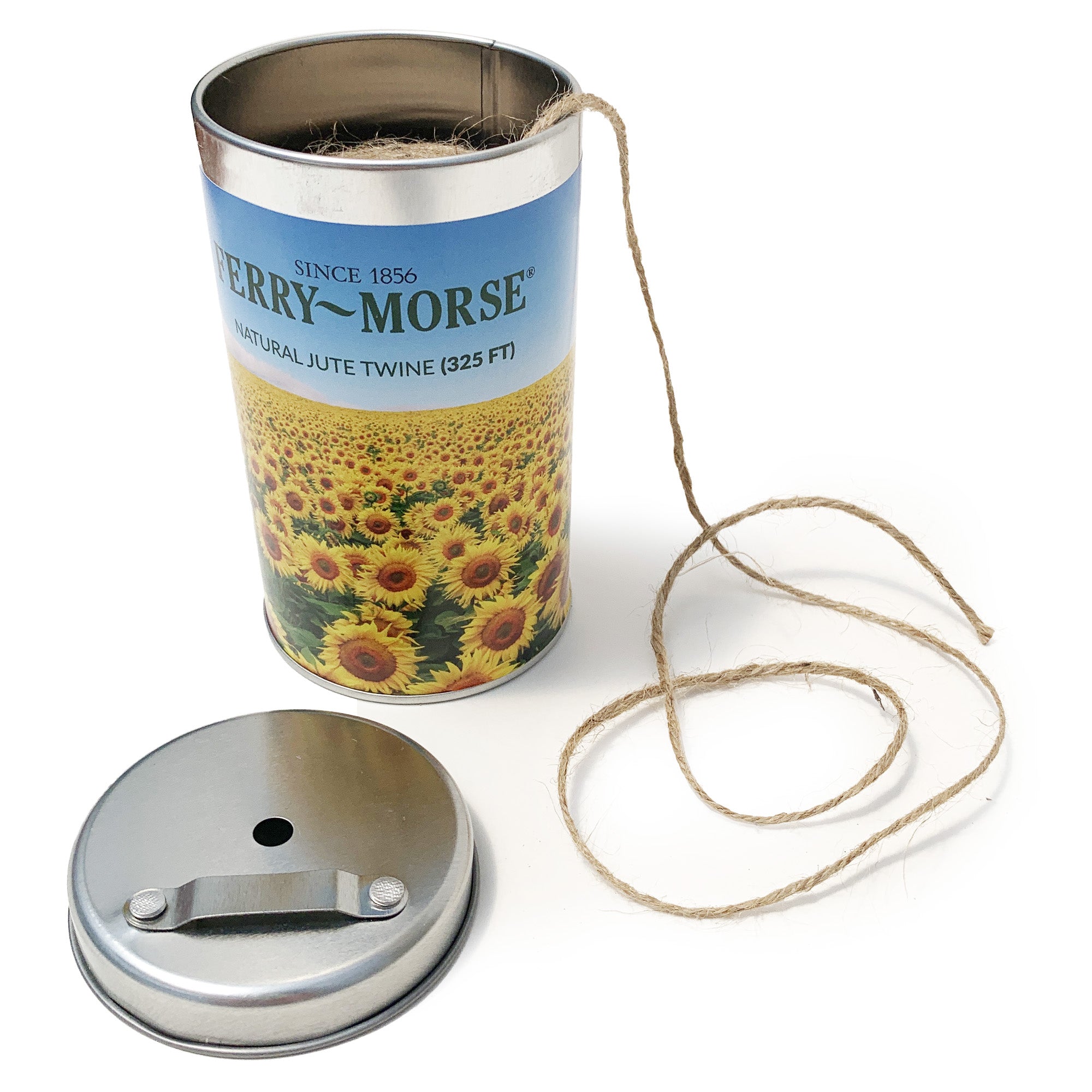 A spool of Ferry-Morse natural jute twine in a tin canister with a sunflower field design.